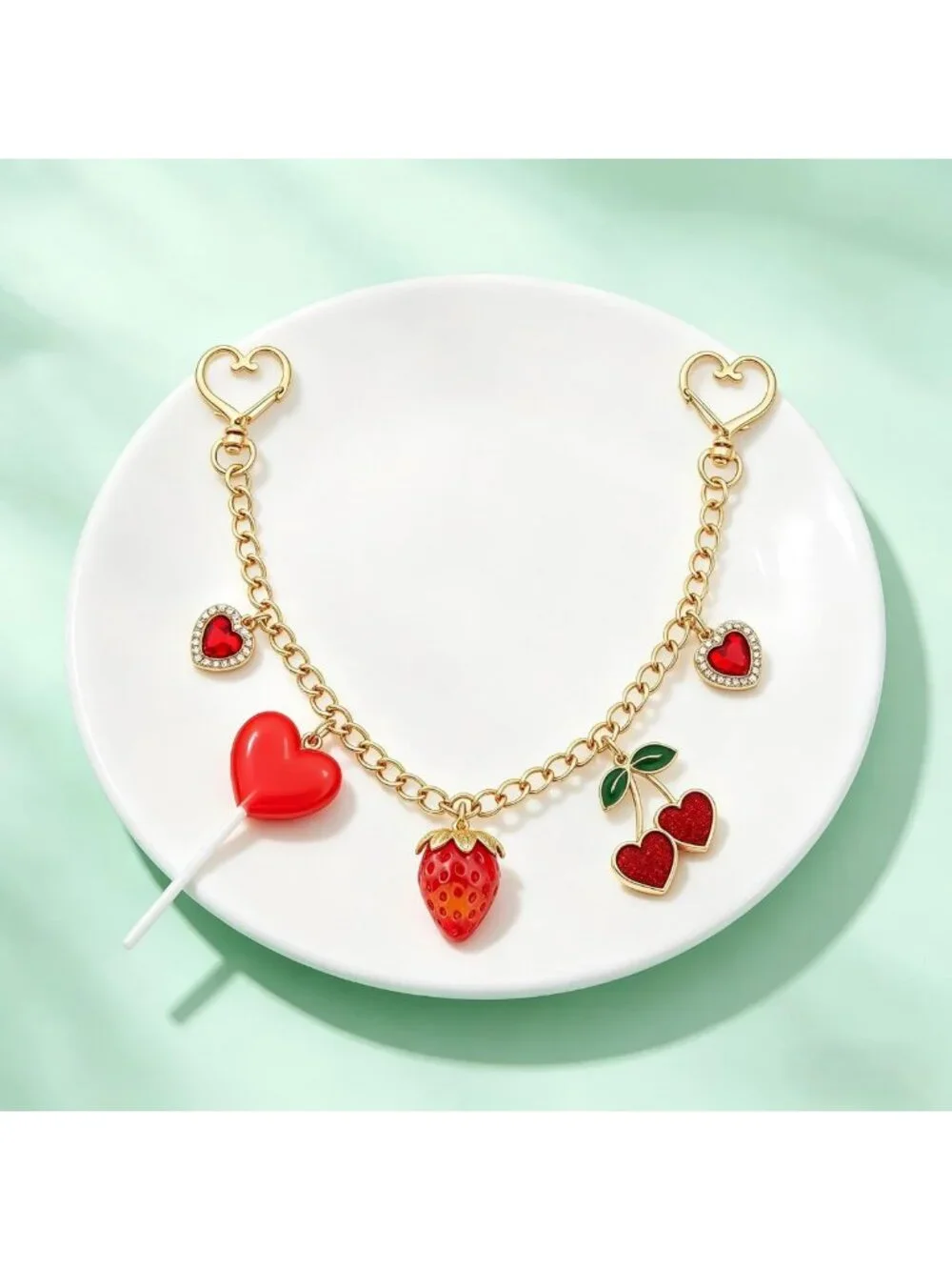 Charming Handbag Accessory: Strawberry Lollipop Heart Keychain with Metal Chain